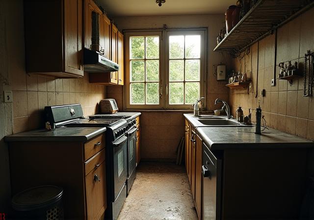 Cocina oscura y anticuada en el Eixample.