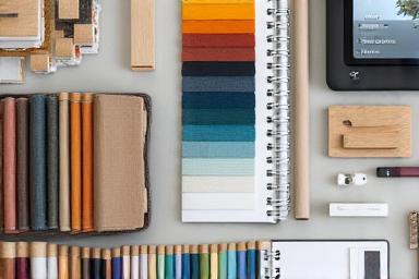 Paleta de colores y muestras de materiales para un proyecto de interiorismo.