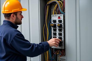 Electricista instalando un nuevo cuadro eléctrico.